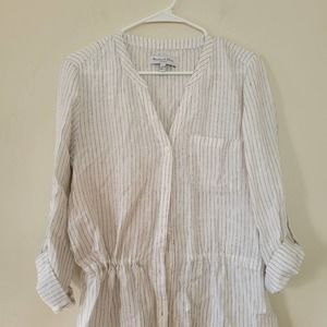 MICHAEL STARS Linen Dress Shirtdress White Black Button Stripe Leann Tunic